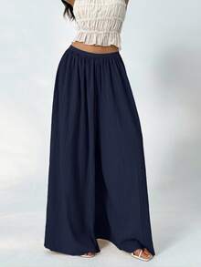Aloruh Women's Loose Textured Solid Color Casual Pants, Suitable For Spring And Autumn - Navy Blue - View 6