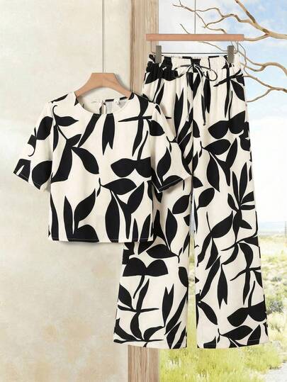Rusticease Women's Full Print Round Neck Short Sleeve Top And Wide Leg Pants Casual 2 Pieces Set