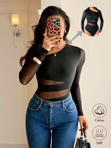 Rafferiza 优雅修身性感斜领网纱拼接棉质长袖黑色连体衣，秋冬款 - 黑色 - 查看 1