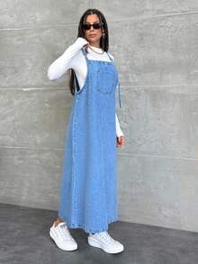 Women's Casual Loose Pocket Design Denim Pinafore Dress - Medium Wash - View 1