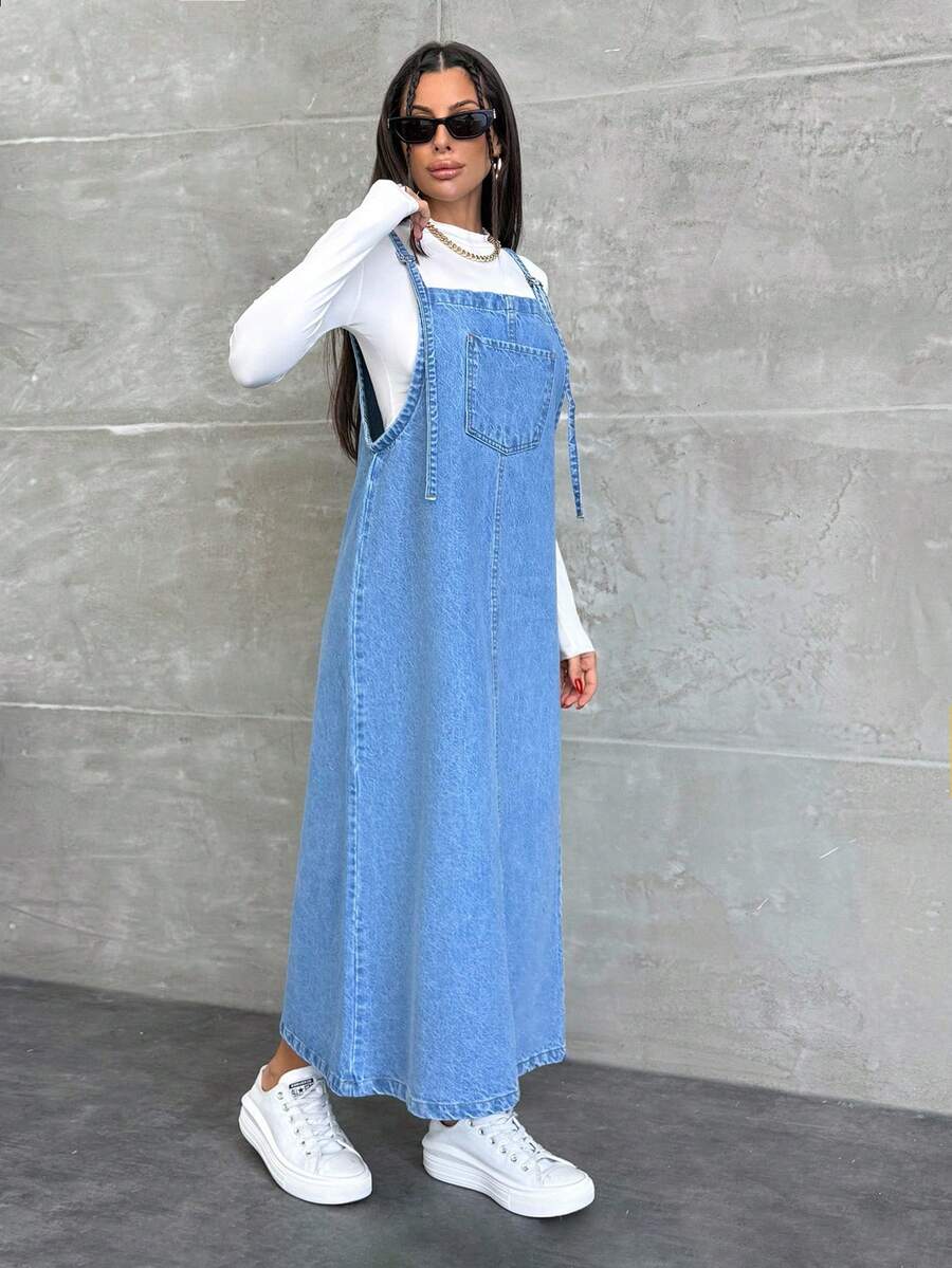 Women's Casual Loose Pocket Design Denim Pinafore Dress - Medium Wash - View 1