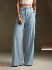 Petite Pantalones de traje blancos de primavera, pantalones de traje con decoración de cinturón metálico de unicolor moderno y urbano - Celeste - Ver 6
