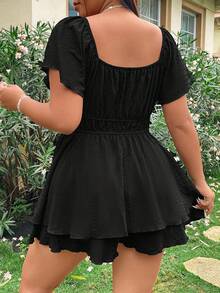 Flirla 大码夏季休闲弹力腰双层连体衣 - 黑色 - 查看 2