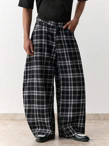 SWAVVY Men's Casual Commuter Plaid Curved Leg Pants - Black - View 6