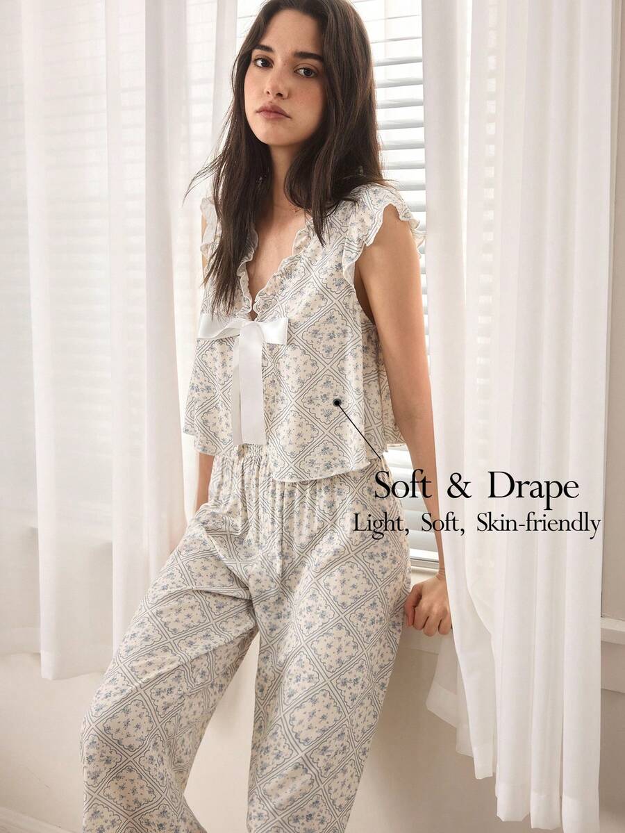 Ocili 2件套舒适柔软简约抽绳裤，女士睡衣套装 - 藍色 - 查看 1