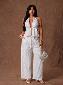 Rustia Plus Size Women V-Neck Striped Halter Top And Wide Leg Pants 2 Pieces Set - Apricot - View 7