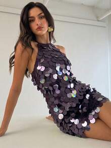 Aloruh Váy mini hở lưng màu tím cổ điển gợi cảm mới, phù hợp cho lễ hội âm nhạc, tiệc tùng, sinh nhật, chụp ảnh - Màu tím - Xem 10