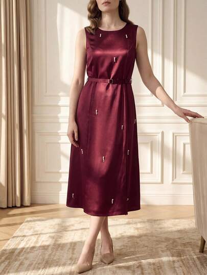 Franclia 女士优雅通勤派对圆领闪亮缎面串珠开衩下摆无袖连衣裙