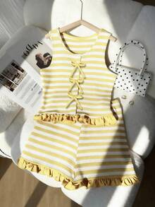 2pcs/Set Soft Green And White Striped Bow Tie Sleeveless Crop Top + Ruffle Hem Shorts Set For Teenage Girls,Cute Summer Holiday Sweet & Spicy Style - Multicolor - View 4