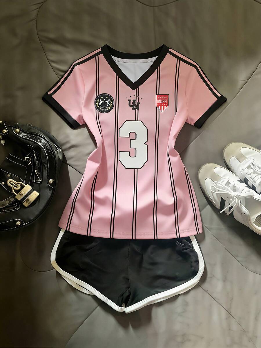 SHEIN 撞色条纹及数字印花V领修身短袖T恤 - 彩色 - 查看 1
