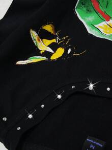 ROMWE MEN Street Life 印花眼睛图案水钻装饰圆领短袖T恤，男女皆宜夏季上衣 - 黑色 - 查看 3