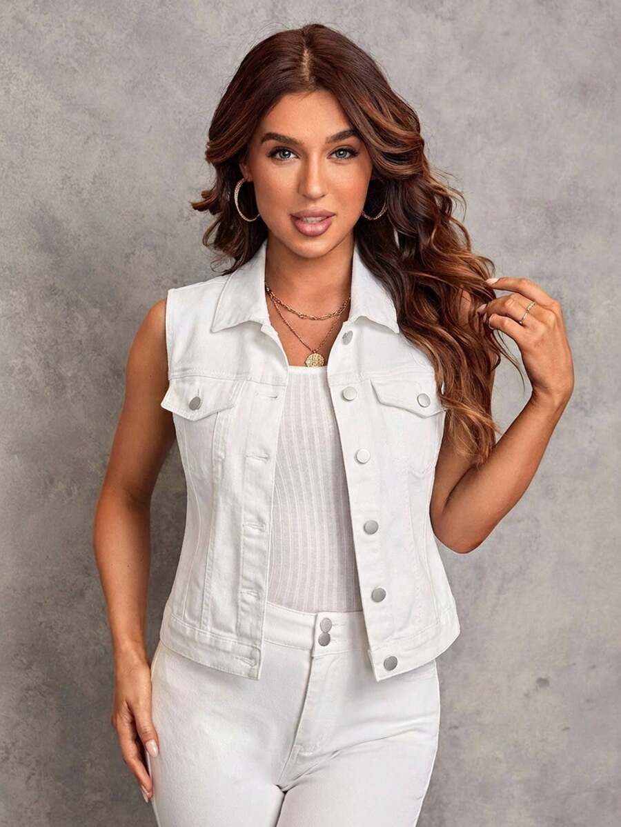 EMERY ROSE EMERY ROSE Women's Solid Color Single-Breasted Casual Versatile Denim Vest Jacket