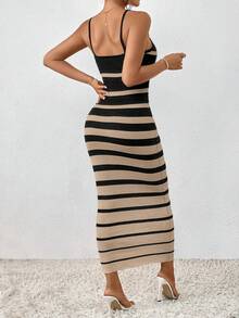 Selianne Summer Casual Contrast Stripe Fitted Knit Camisole Dress - Brown - View 2
