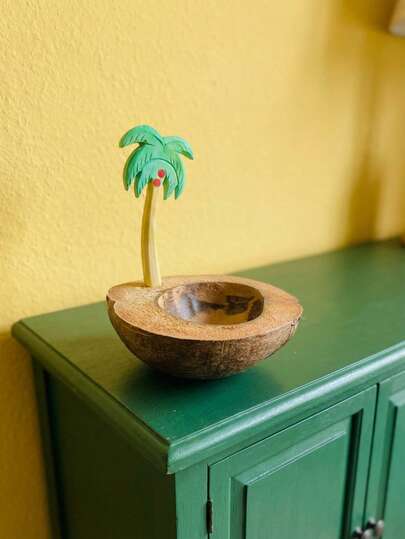 Joivida 1个天然椰壳装饰碗，饰有棕榈树图案 - 手工木底座，多功能家居桌面装饰、摄影道具、烛台，乡村风格装饰，适用于客厅或办公室，热带风格装饰，不可食用，适合作为圣诞节、万圣节、复活节、新年、情人节、生日礼物