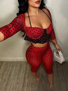 SHEIN SXY 情人节波点性感荷叶边七分裤套装 - 紅色 - 查看 6