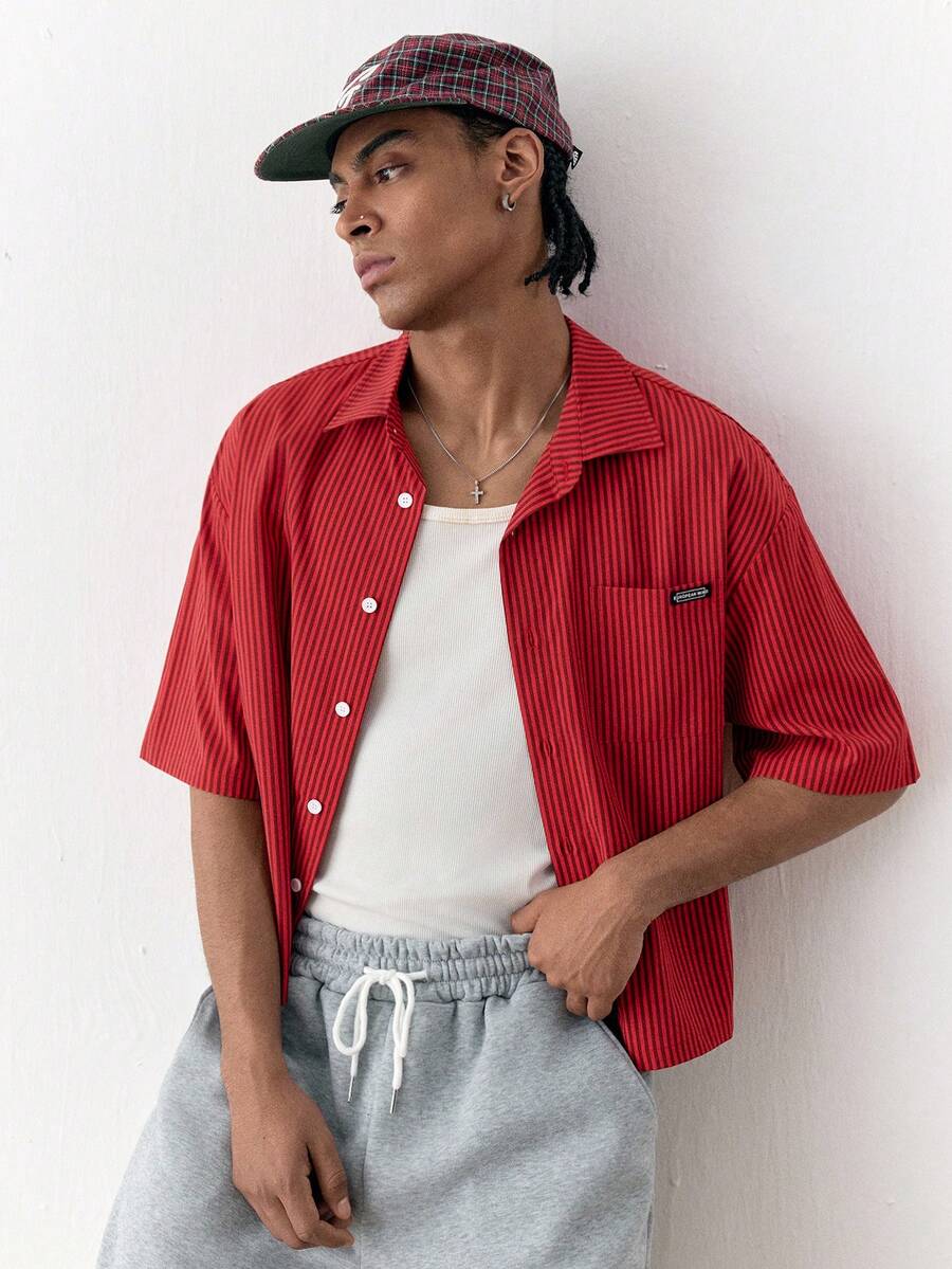 SWAVVY Camisa casual de manga corta a rayas para hombre - Rojo - Ver 1