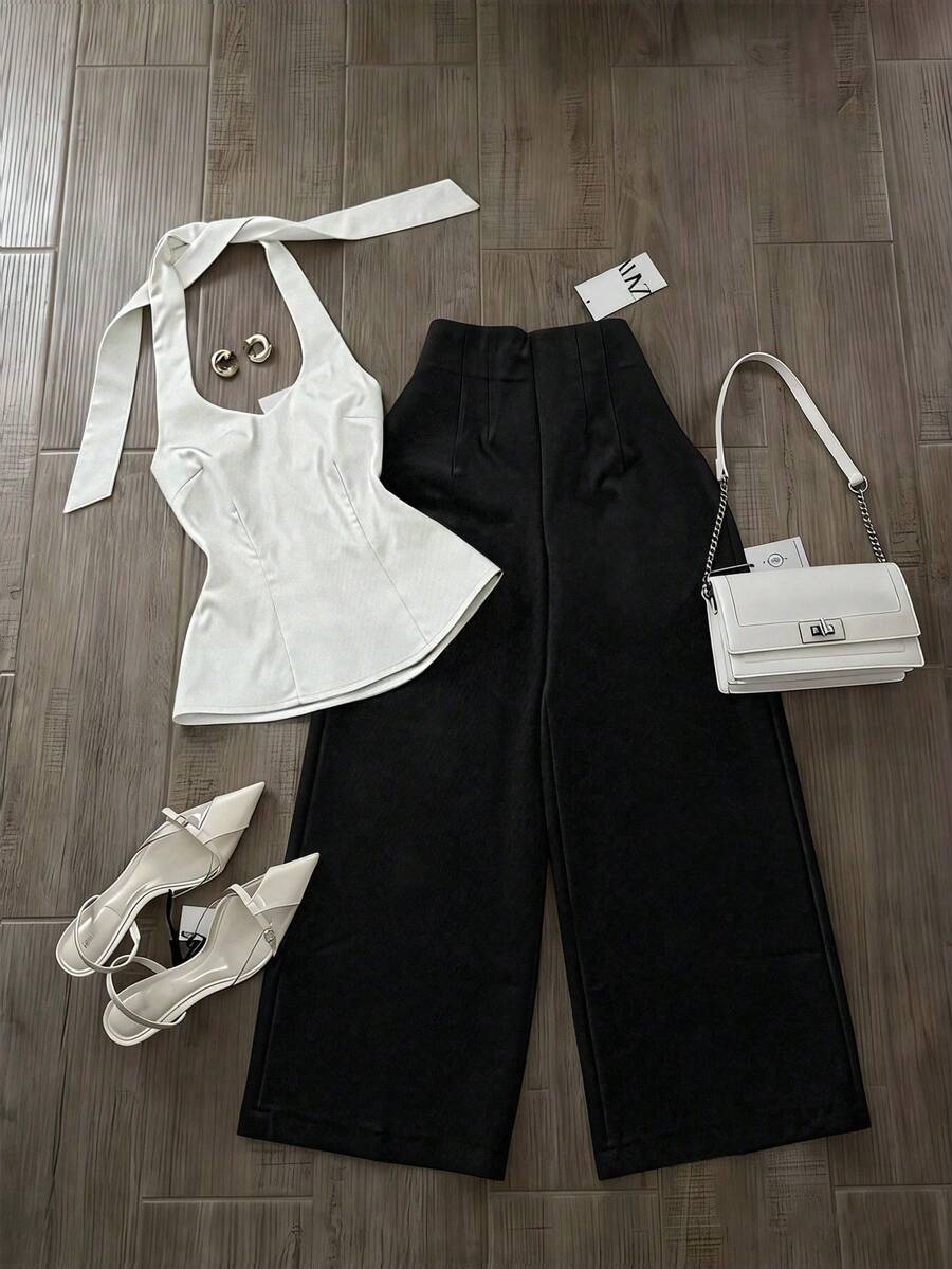 女士夏季休闲通勤吊带上衣和阔腿裤两件套 - 彩色 - 查看 1