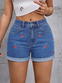 SHEIN ICON 女士水果刺绣可折叠下摆宽松牛仔短裤 - 淺色水洗藍 - 查看 9