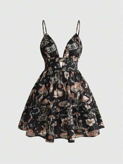 ROMWE Hippie 波西米亚风深色鹿、蘑菇、日月印花加大码女式吊带裙