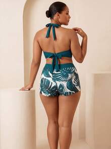 Swim Lushoire 2026 Spring Plus Size Women's Leaf Print Halter Bikini Set, Includes Tankini Top And Boyshort Bottoms - Multicolor - View 2