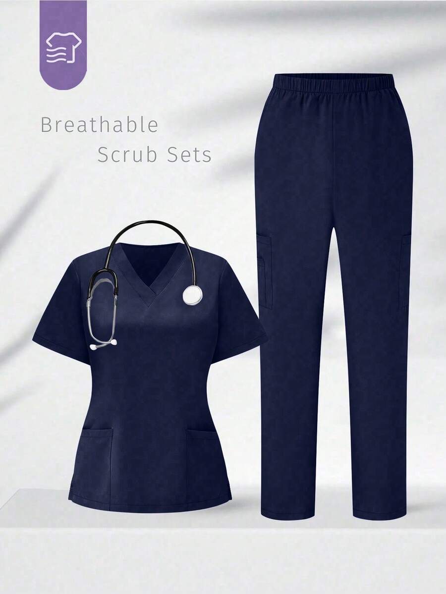 TaskEZ Simple Summer Short Sleeve Top And Pants Uniform Set With Pocket, Scrub Set - Navy Blue - View 1