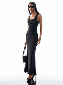 Airlisse 女士性感吊带方领系带修身美人鱼连衣裙 - 黑色 - 查看 4