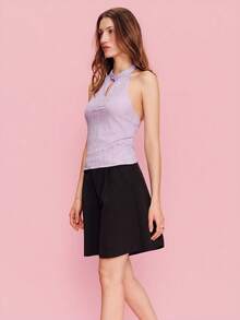 lacRébo Embroidered Lilas Halter Top With A Front Keyhole Opening Spring Summer French Style Parisian Style Going Out Vacation Top Holiday Top - Mauve Purple - View 6