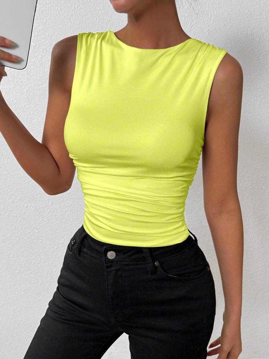 SHEIN Unity 女款螢光黃修身背心上衣,夏季抓皺無袖貼身上衣,適合夜店、派對、節慶、嘉年華、休閒穿搭 - 芥末黃 - 查看 1