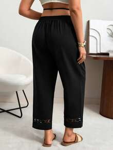 Ceyna Plus Size Casual Elegant Pleated Hollow Floral Drawstring Pants, Suitable For Summer And Vacation Black Fall - Black - View 2