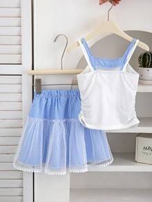 2件套女童（小号）条纹拼接背心上衣、字母印花白色吊带背心和条纹迷你裙 - 彩色 - 查看 2