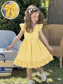SHEIN Elladie kids 少女优雅格子碎花圆领喇叭袖露背蝴蝶结腰部荷叶边下摆休闲连衣裙，适合日常穿着、度假、乡村风格 - 黃色 - 查看 11