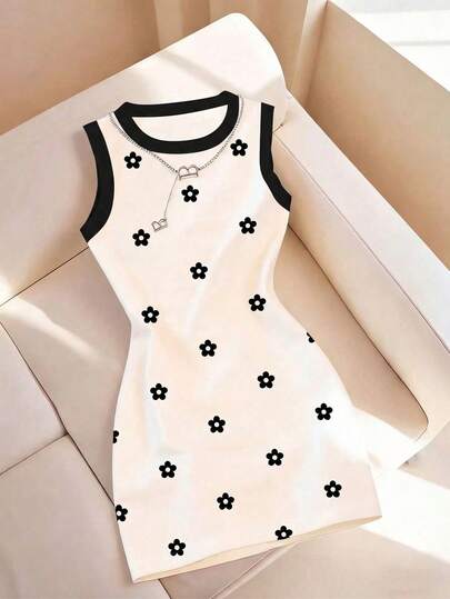 Resyla 休闲基础款圆领黑白撞色印花连衣裙