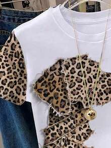 Resyla Women's Casual Leopard Print Patchwork T-Shirt, Summer - Coffee Brown - View 4