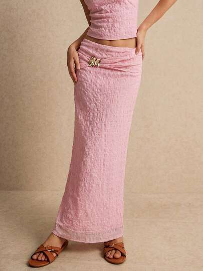 Poéselle Women's Solid Color Metal Decor Casual Versatile Date Night Skirt,Light Pink Textured High Waist Maxi Skirt, Two Piece Summer Beach Outfit With Decorative Waist Detail, Holiday Resort Skirt For Women,French-Style Skirt,2026 New Arrival