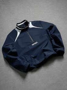 PAVTROS Men's Letter Print Long Sleeve Zip-Up Half Placket Jacket - Blue - View 3