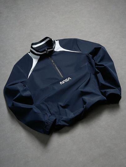 PAVTROS Men's Letter Print Long Sleeve Zip-Up Half Placket Jacket