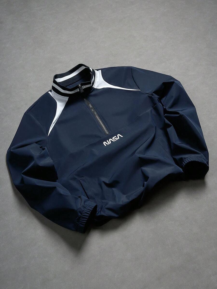 PAVTROS Men's Letter Print Long Sleeve Zip-Up Half Placket Jacket - Blue - View 1