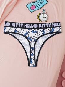 HELLO KITTY AND FRIENDS | SHEIN 女士字母卡通印花休闲日常丁字裤 - 藍白色 - 查看 2
