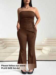 Solflare Plus Size Women Solid Color Pleated Bandeau Top And Flare Pants Casual Outfit - Coffee Brown - View 1