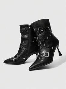 ROMWE Giày bốt cao gót mũi nhọn kiểu Gothic mới năm 2026 dành cho nữ, thiết kế khóa tròn, kiểu dáng thanh lịch, thích hợp cho mọi mùa. Giày bốt cổ ngắn thời trang dành cho nữ, gót mỏng. - màu đen - Xem 5