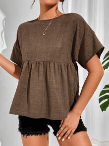 SHEIN Essnce Women's Solid Color Round Neck Loose Fit Babydoll Blouse,Summer Top - Coffee Brown - View 5