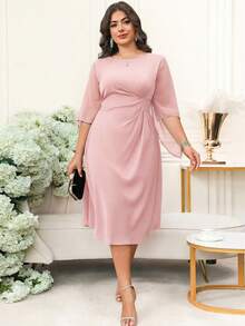 Reflora Plus Size Women Solid Color Round Neck Ruched Fashionable Date Dress - Pink - View 7