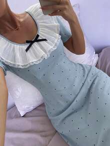 DAZY Women's Summer Polka Dot Print Contrast Color Ruffle Collar Bow Decor Loose Nightgown Pajama - Baby Blue - View 1