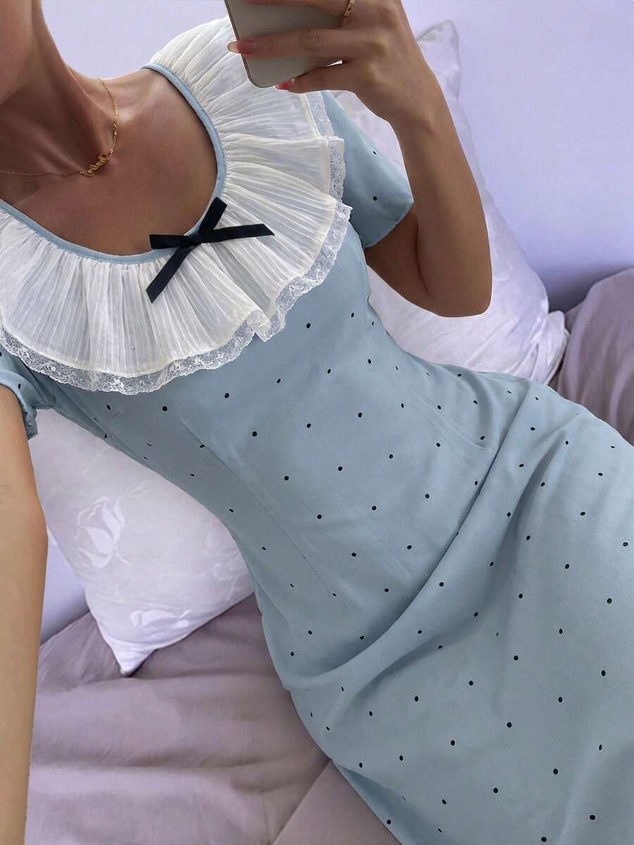 DAZY Women's Summer Polka Dot Print Contrast Color Ruffle Collar Bow Decor Loose Nightgown Pajama - Baby Blue - View 1