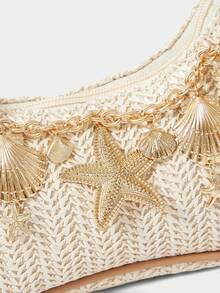 SHECARRY 1pc Summer Beach Starfish Series Shell & Seashell Woven Shoulder Hand Carry Bag, Beach Bag, Straw Handbag For Women (Charm Color & Style Randomly) , Summer - Multicolor H - View 5