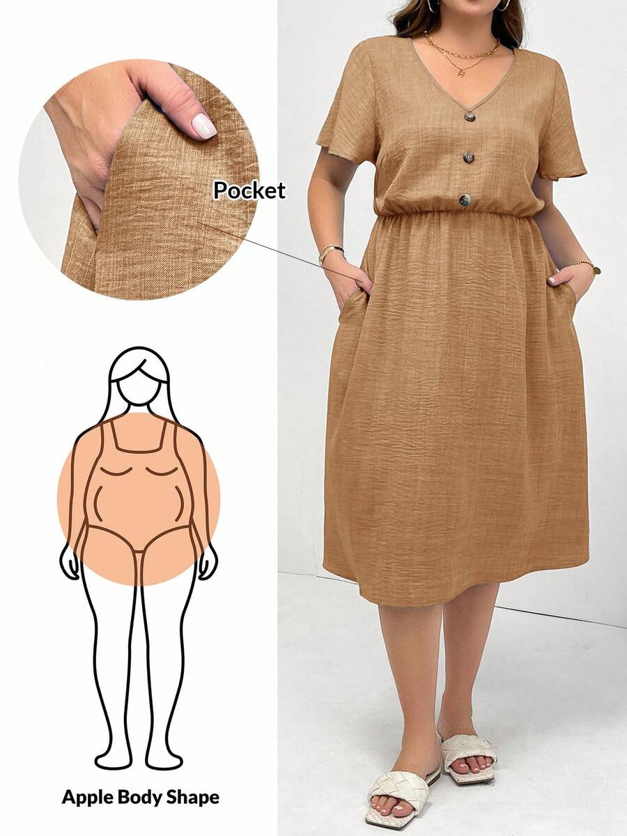 SHEIN Essnce 大码女装春夏时尚休闲宽松舒适日常百搭修身V领短袖收腰蓝色中长连衣裙,带口袋,欧洲夏季,教师装,太阳裙,简约风格 - 卡其色 - 查看 1