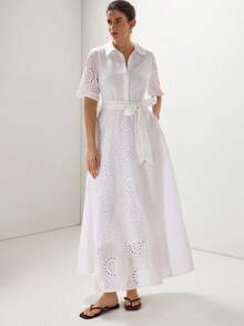 Briarwyn 优雅镂空刺绣衬衫领短袖纽扣系腰蝴蝶结A字中长连衣裙，简约休闲/正式女装 - 白色 - 查看 6