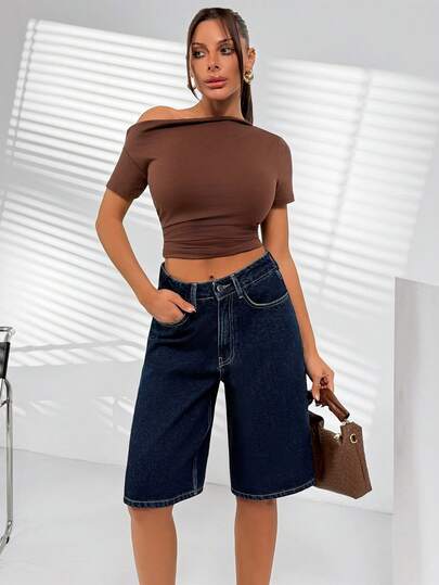 SHEIN Damen High Waist elastische bequeme Schlagjeans in mittlerer Waschung