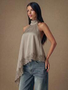 SHEIN BAE Áo hai dây satin hở lưng phối ren thanh lịch, kiểu dáng gợi cảm cổ yếm không tay, thích hợp cho tiệc tùng, cocktail, các dịp trang trọng, Giáng sinh, hoặc trang phục công sở thường ngày. - Màu Khaki - Xem 6