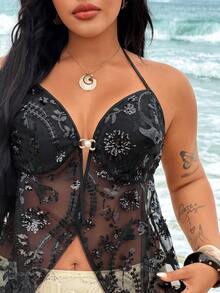Rustia Camiseta sin tirantes con lentejuelas brillantes de talla grande, top sin espalda elegante de estilo callejero con lentejuelas metálicas y hebilla en forma de A - Negro - Ver 5